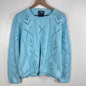Vintage Rey Wear Hand Knit Cotton Sweater M/L Blue Openwork Coastal Knit Bolivia